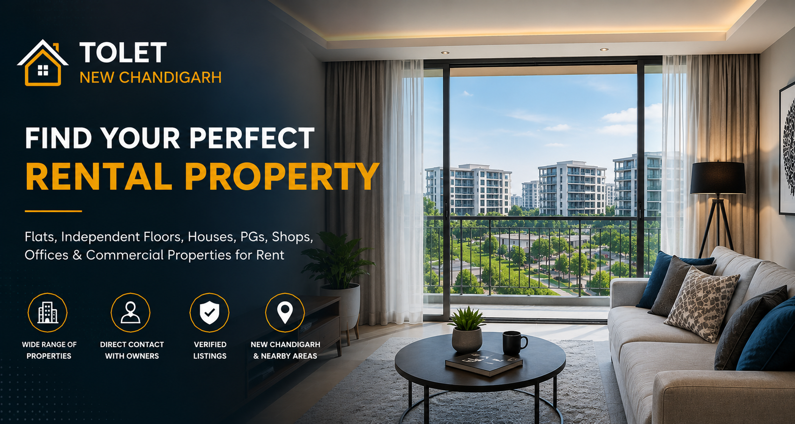 ToLET New Chandigarh promotional banner showing a modern living room with a balcony view and the headline 'FIND YOUR PERFECT RENTAL PROPERTY' on a dark left panel with orange accents.